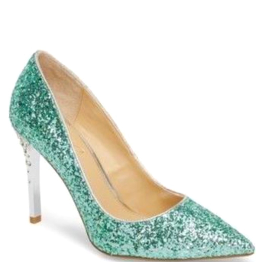 NIB Badgley Mischka Jewel collection glitter and crystal heels in mint aqua